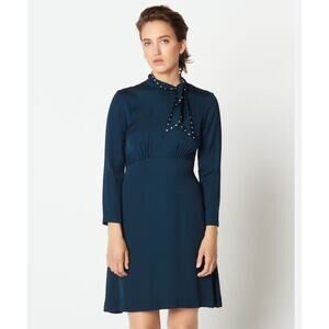 Sandro Paris Satin Dress Crystal Diamanté Embellished Tie-Neck in Lake 260 small